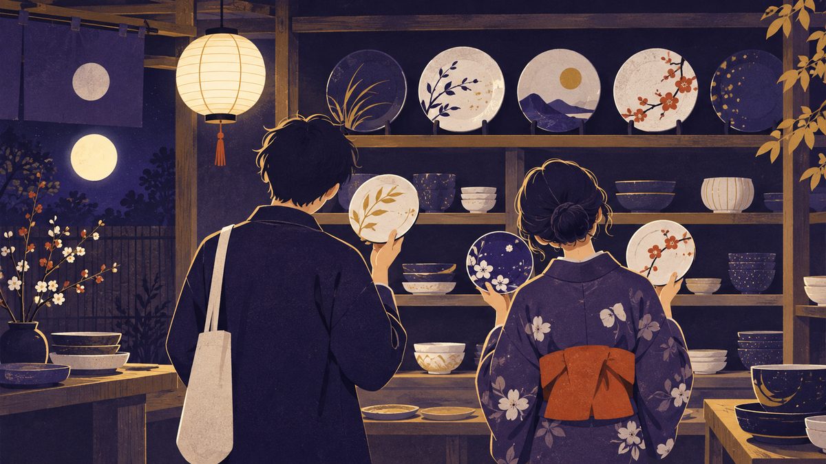 食器を選ぶ場面。棚の前で1枚の皿をすっと決める人と、2枚の皿を両手に持って迷う人の後ろ姿