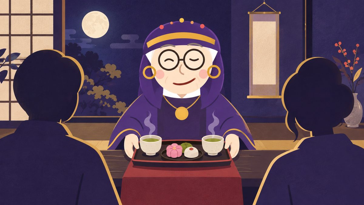 仲直りの場面。向かい合って座る二人の間に、占いババアがおいしいお菓子とお茶をのせたお盆をそっと置いている