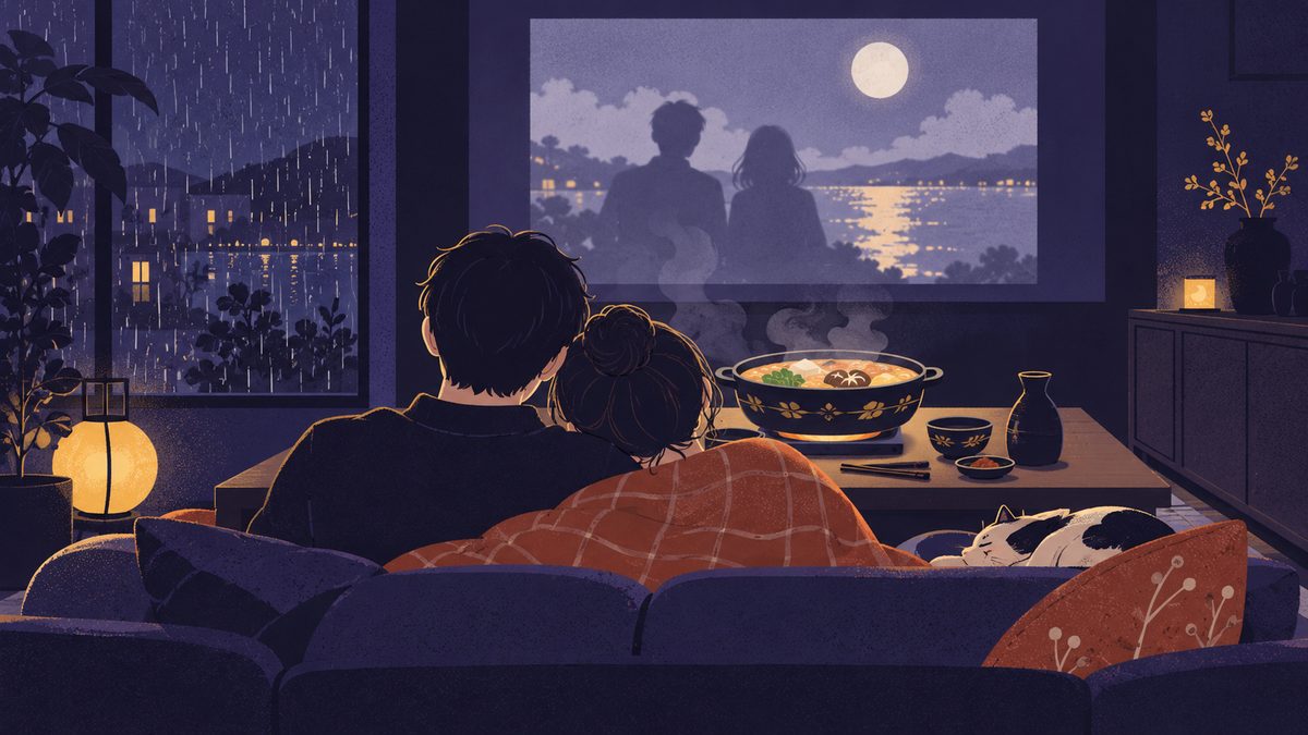 似ているところ。休日に家で鍋を囲みながら映画を見る二人の後ろ姿