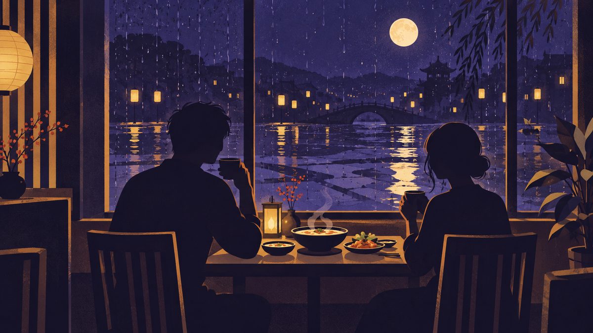 仲直りに食事を使う場面。おうし座の好きな店で向かい合って座る二人の横顔シルエット、窓に雨粒