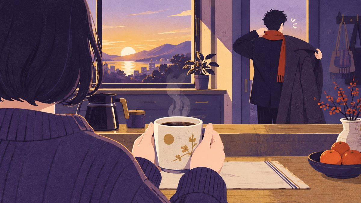 毎朝同じマグカップで同じコーヒーを飲む習慣を笑われる場面。台所でマグを両手で持つ人と、その後ろで笑いながらコートを着る人