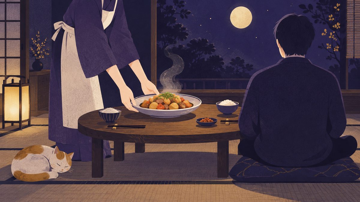 ケンカで口数が減ったあと、先に謝る番の人が相手の好きな料理をちゃぶ台に置いて声をかけようとしている