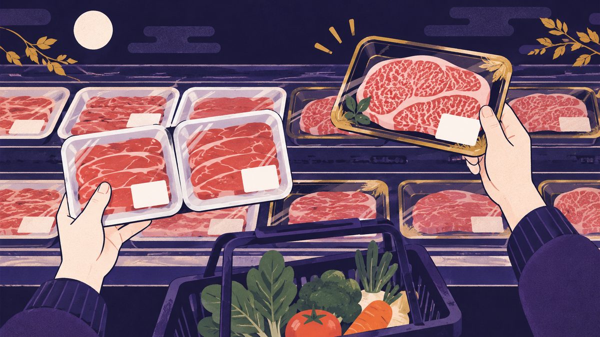 スーパーで、少し高い国産の肉を選ぶ手と、グラム単価を見比べる手