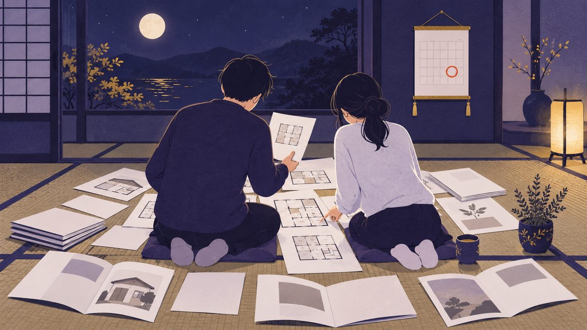引っ越し先の候補を何か月も比べ続ける場面。床に広げた間取り図と資料、朱色の丸で印をつけた数字のないカレンダー