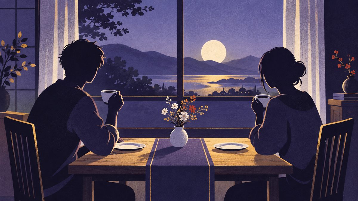話す日時を決めて、土曜の朝ごはんのあとに向き合う場面。朝の光が入る食卓に向かい合って座る二人の横顔シルエット