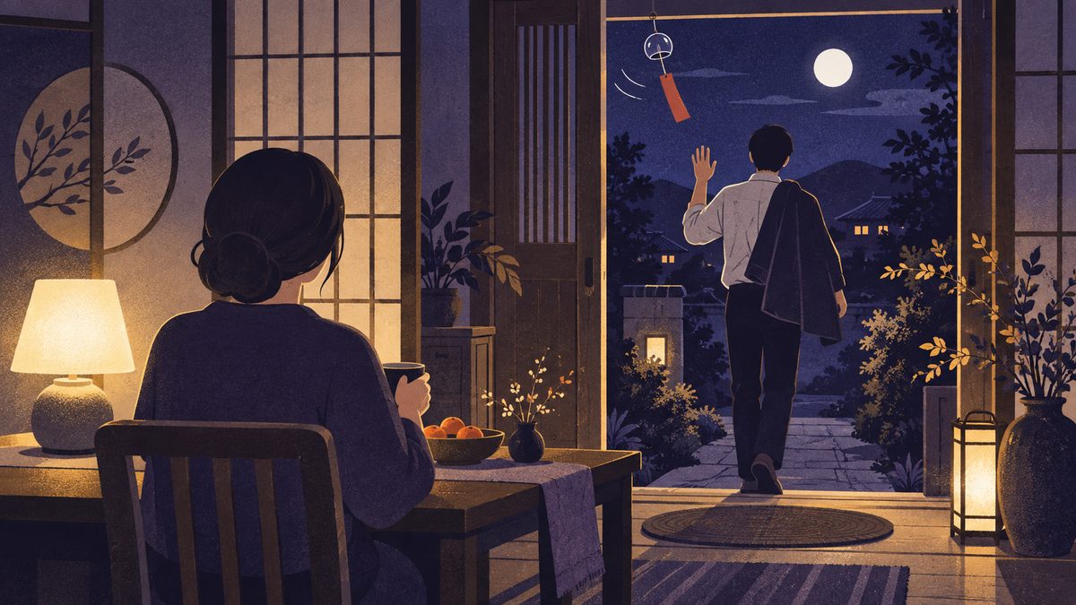みずがめ座が玄関で振り返って手を上げ「夜にまた話そう」と出ていき、テーブルにはおとめ座が待つ明かりがともっている場面