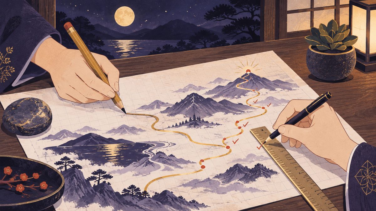 旅行の計画を二人で一枚の大きな表にまとめている手元。一人は大まかな道すじを描き、もう一人は細かい乗り換えに印をつけている