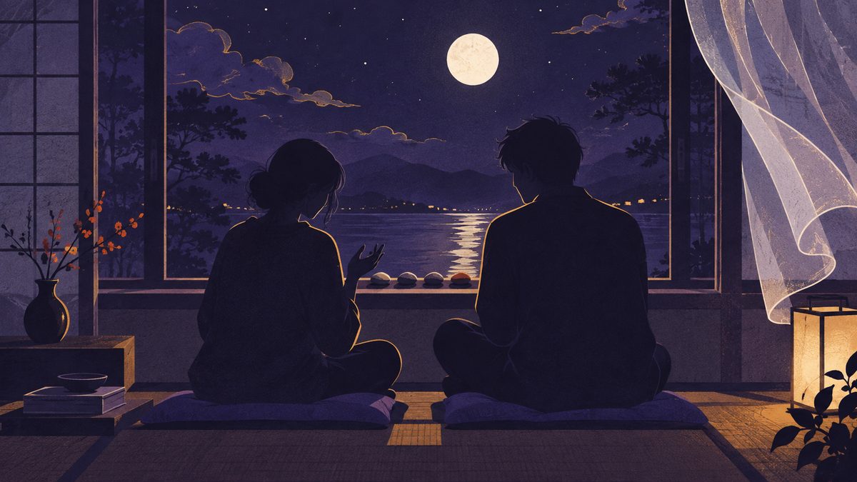 てんびん座がためこんでいた気持ちを話す場面。窓辺に小石がいくつも並び、その横に座る人の話を、もう一人がとなりで最後まで聞いている