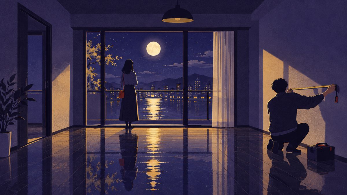 内見中の空き部屋で、おとめ座はメジャーで壁を測り、うお座は月明かりの差しこむ窓辺で目を閉じて部屋の空気を感じている場面