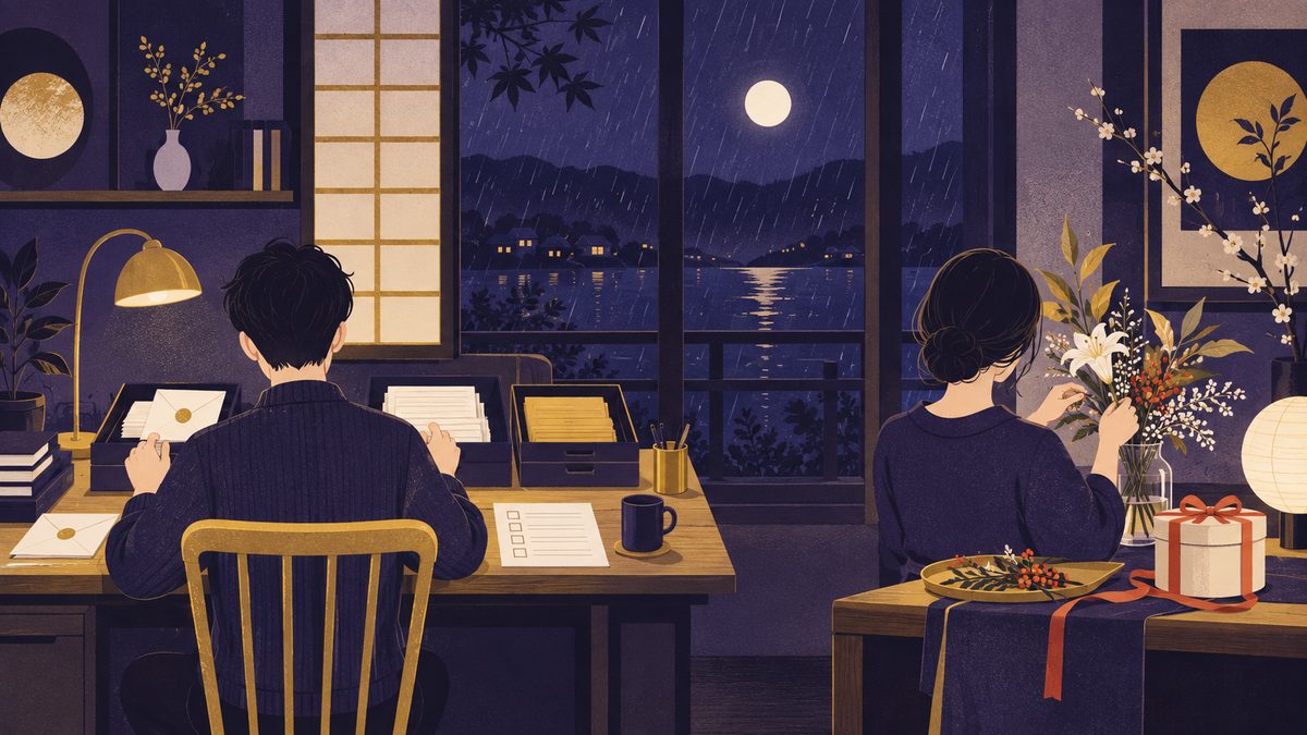 おとめ座が机で書類や封筒を仕分け、うお座が花びんに花を生けて朱色のリボンでお祝いの包みを用意している場面