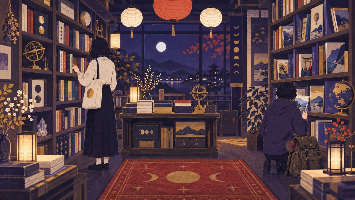 本屋で、おとめ座は実用書の棚、いて座は外国の本や地球儀のある棚と、別々の場所で夢中になっている場面