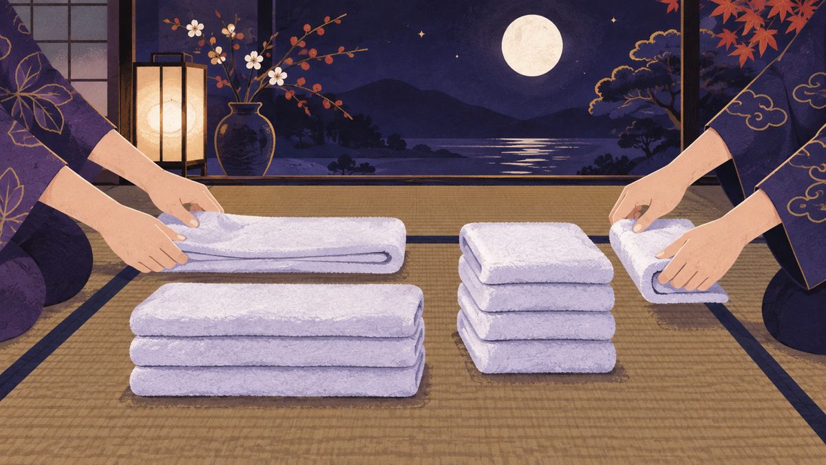 タオルのたたみ方のこだわりの場面。畳の上で、二人の手がそれぞれ三つ折りと四つ折りでタオルをたたみ、2つの山ができている