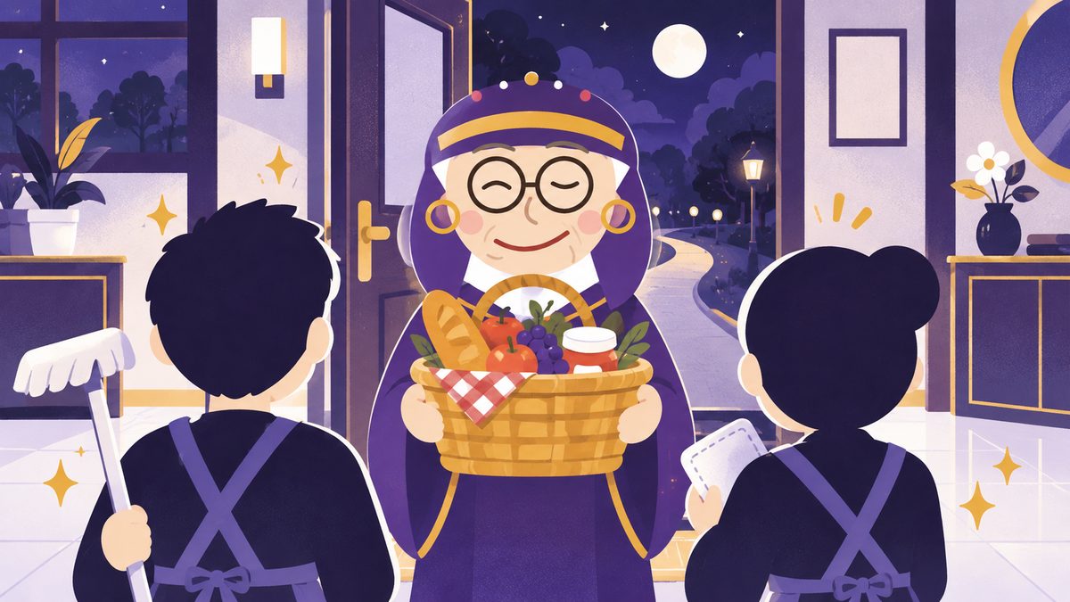 土曜日が丸ごと大掃除で終わりそうな二人に、占いババアが外出をすすめる場面。モップとぞうきんを持った二人に、ババアがピクニックかごを差し出している