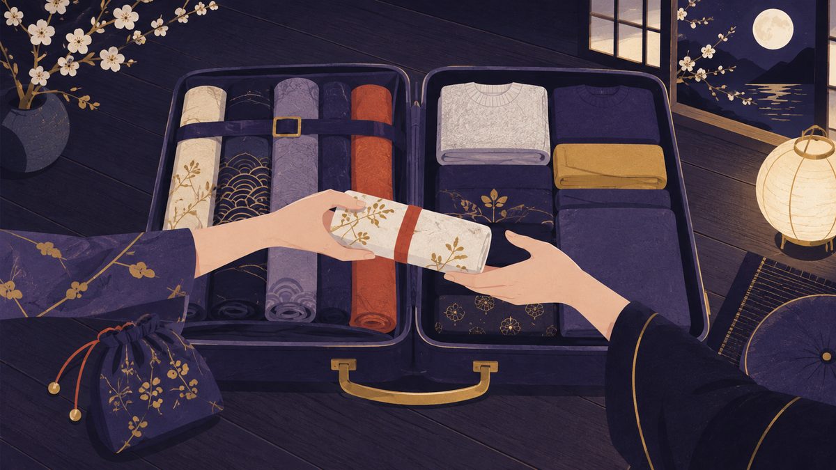 旅行の荷物の詰め方でもめたあと、相手のやり方で一度やってみる場面。開いたスーツケースに、丸めた服とたたんだ服が並び、二人の手が入れかえている
