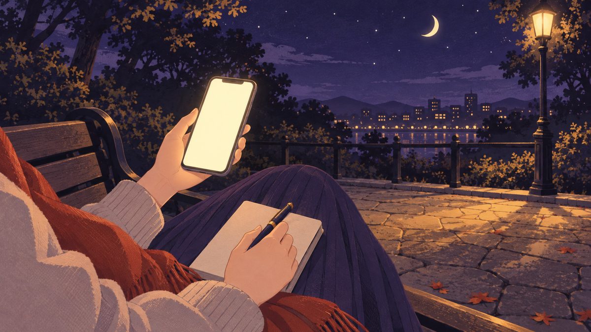 夜のベンチに座る女性の手元