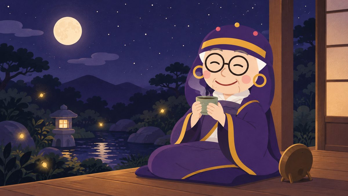 占いババアが縁側に座り、ゆっくりお茶をすすりながら夜空を見ている