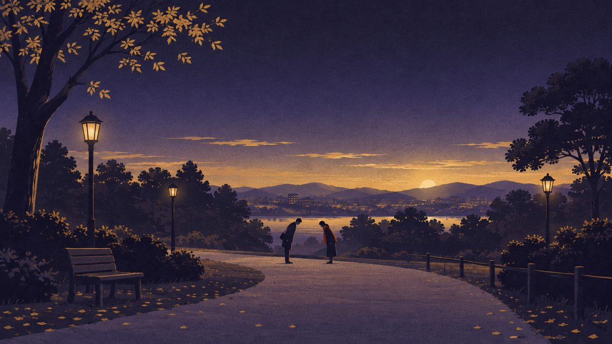夕暮れの公園の小道で、二人の人物が出会って会釈をしている遠景。地平線のあたりがほんのり明るい