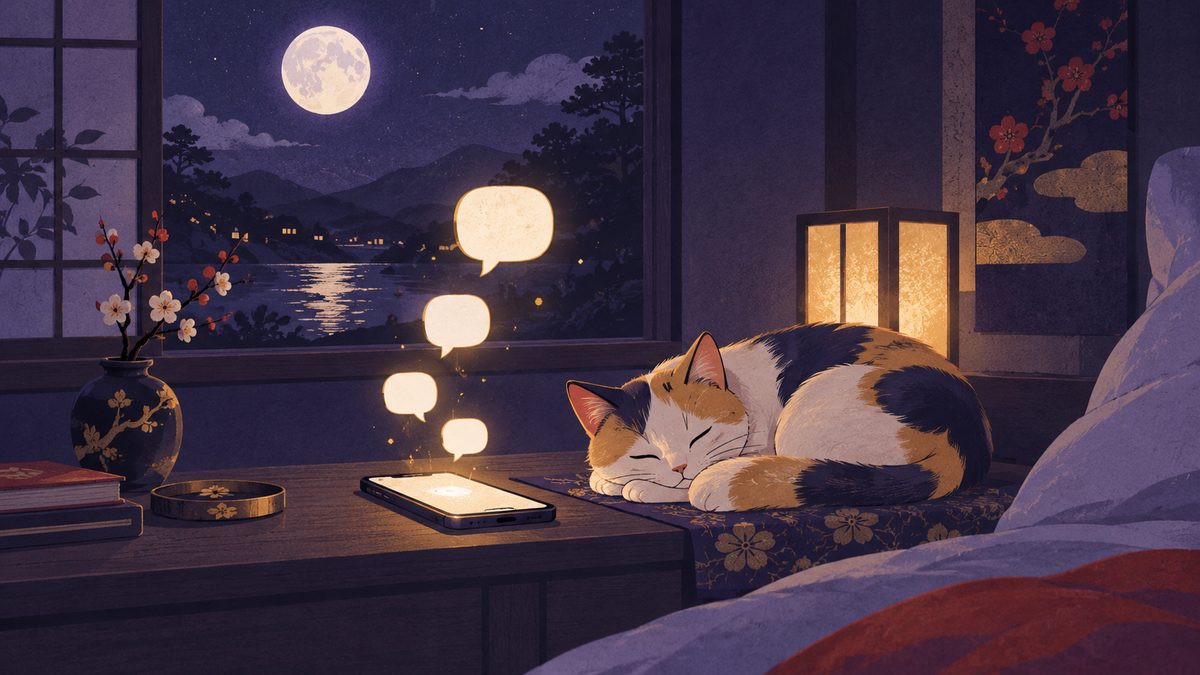 枕元に置いたスマホから、文字のない吹き出しが小さな灯りのように浮かぶ。そばで猫が丸まって寝ている