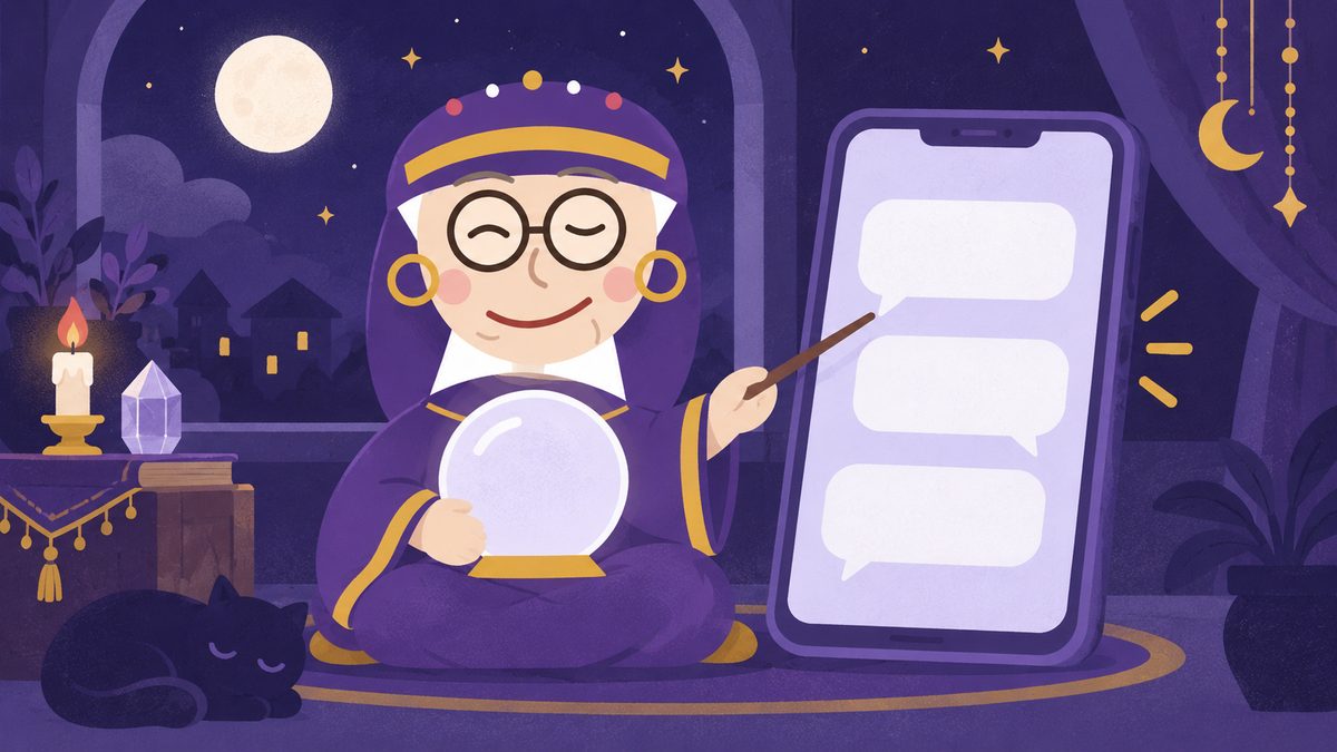 大きなスマホの横で、占いババアが吹き出しを指しながら書き方を教えている