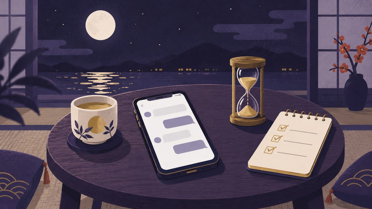 文字のないチャット画面のスマホの横に、小さな砂時計とチェックだけ入ったメモが置かれている