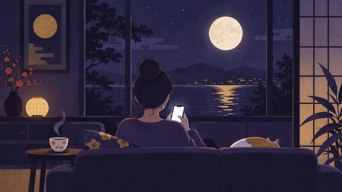 夜のソファで、顔の見えない後ろ姿の人がスマホを打っている。窓の外に月