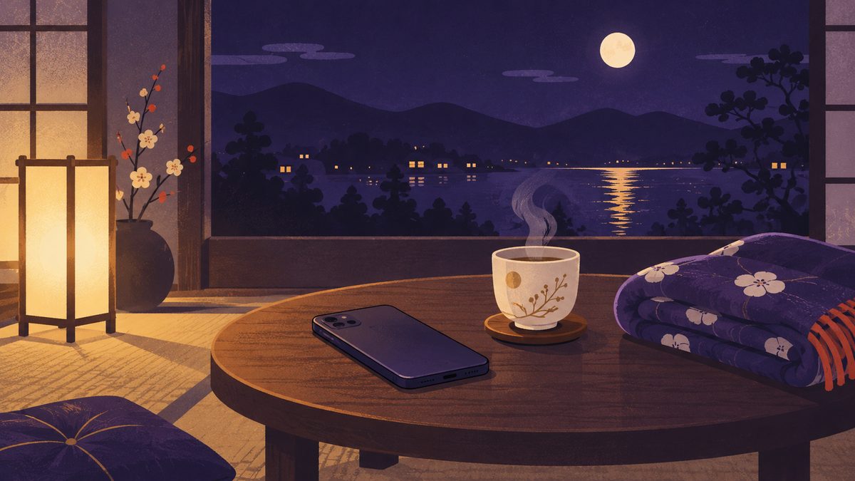 裏返したスマホ、湯気の立つお茶、たたんだブランケットが並ぶ、通話のあとの静かな時間