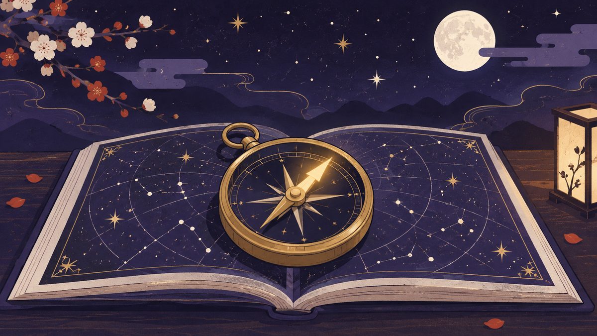 星図の上に置かれたコンパスが、金色の光でひとつの方向を指している