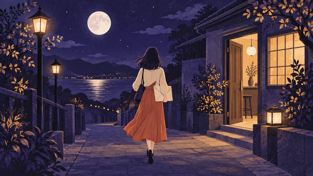 夜の街で、明かりのついた小さな窓口の建物に向かって歩いていく女性の後ろ姿。手には書類を入れた封筒を持っている