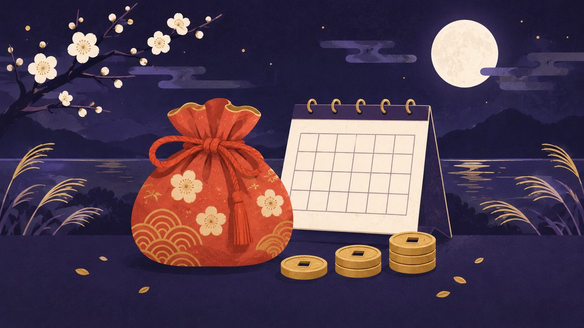 朱色のひもで口をしばった小さながま口と、数字のないカレンダーのマス、数枚のコインが並ぶ