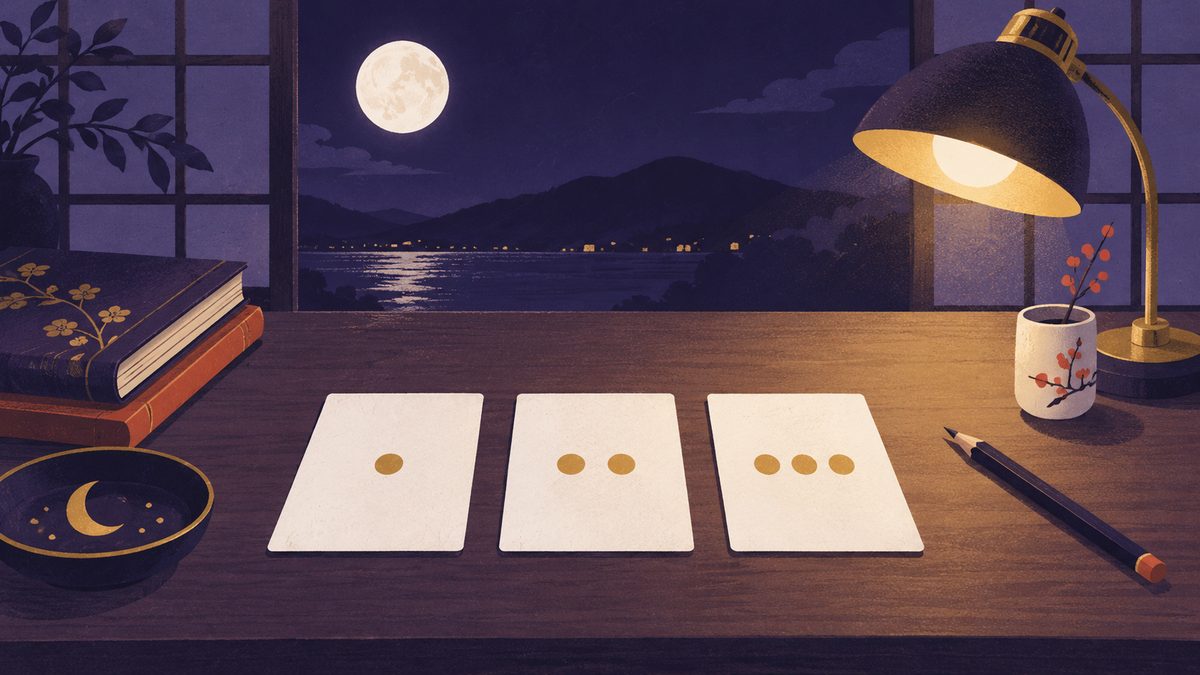 金色の点が1つ・2つ・3つついた白いカードが3枚並び、横に鉛筆が置かれている