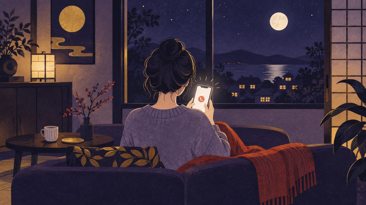 夜の部屋で、ソファに座った人がボタンを押したあと、光って着信したスマホを両手で持って出ようとしている後ろ姿