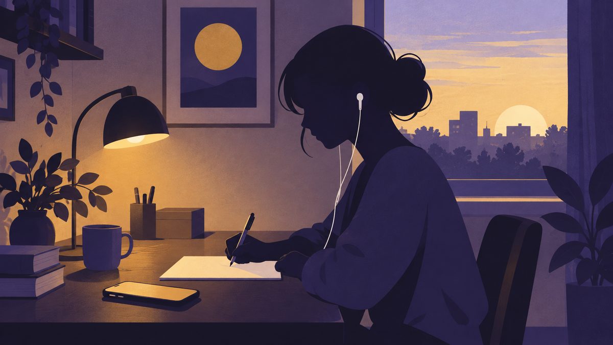 イヤホンをつけた女性が、横顔のシルエットで電話を聞きながら、紙にペンで短く書きこんでいる