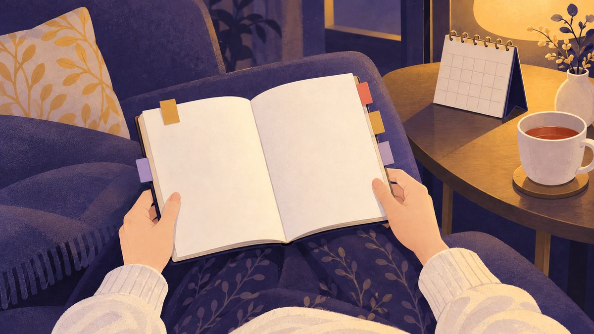 ソファで女性がノートを開いて読み返している手元