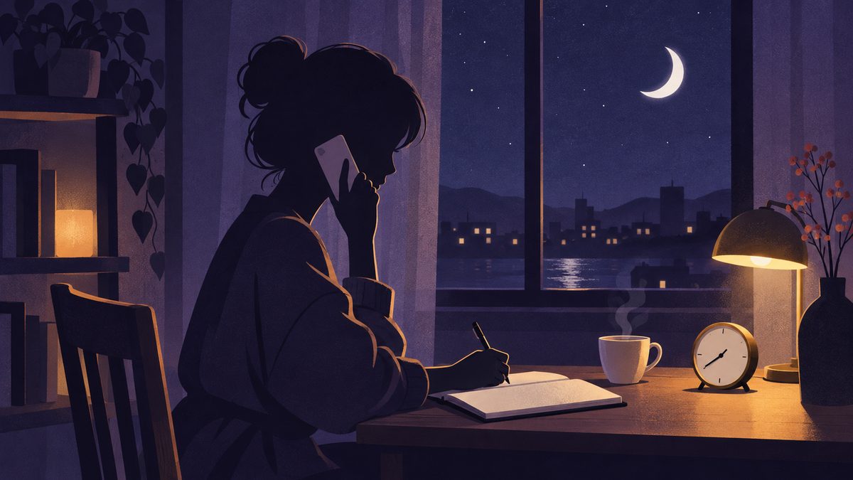 夜の部屋で、女性がスマホを耳にあてながら、もう片方の手でノートにメモをとっている横向きのシルエット