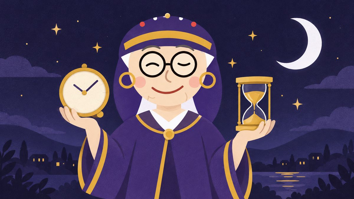 占いババアが小さな置き時計と砂時計を両手で持ち上げ、時間を決めておくよう念を押すようにほほえんでいる場面。背景は夜空と三日月