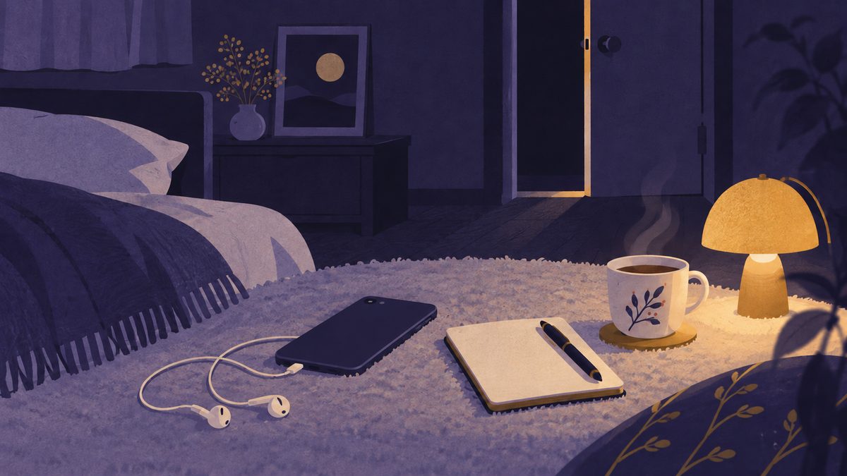 夜の部屋の床に、スマホとイヤホン、メモ帳とペン、小さなランプ、ハーブティーのカップが並んでいる。家族を起こさないよう準備した静かな手元の風景
