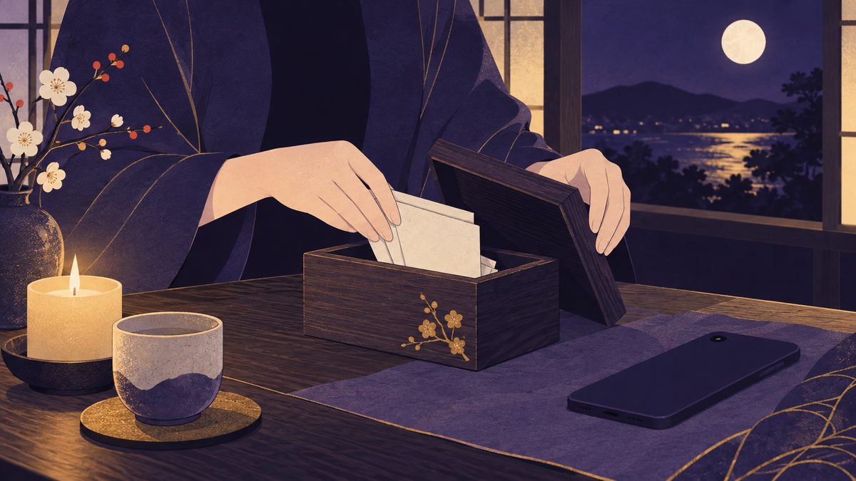 女性の手元が、小さな木箱に便せんをしまってふたを閉めようとしている場面。話すことと話さないことを分けるイメージ