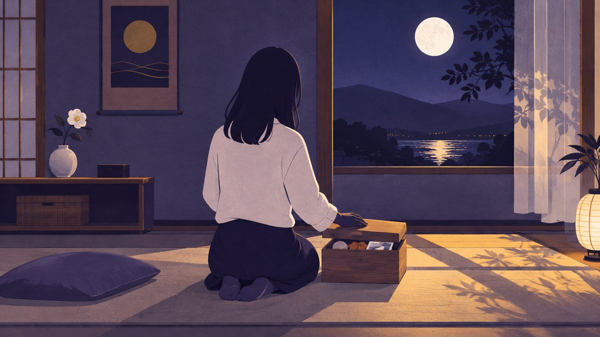 整った部屋で、女性が小さな箱に思い出の品をしまい、ふたを閉めようとしている後ろ姿。部屋の隅には花が一輪飾られ、気持ちを切りかえる雰囲気