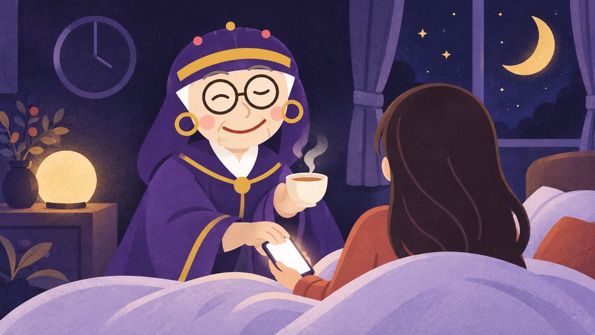夜中にベッドでスマホを握りしめる女性の後ろ姿の横で、占いババアがにっこりしながら手でそっとスマホを下ろさせ、温かいお茶を差し出している