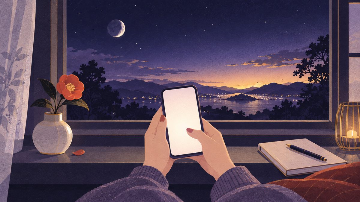 夜明け前の窓辺で、女性の手元がスマホを持ち、送信する前に一呼吸おいている様子。窓の外の空が少しずつ明るくなってきている