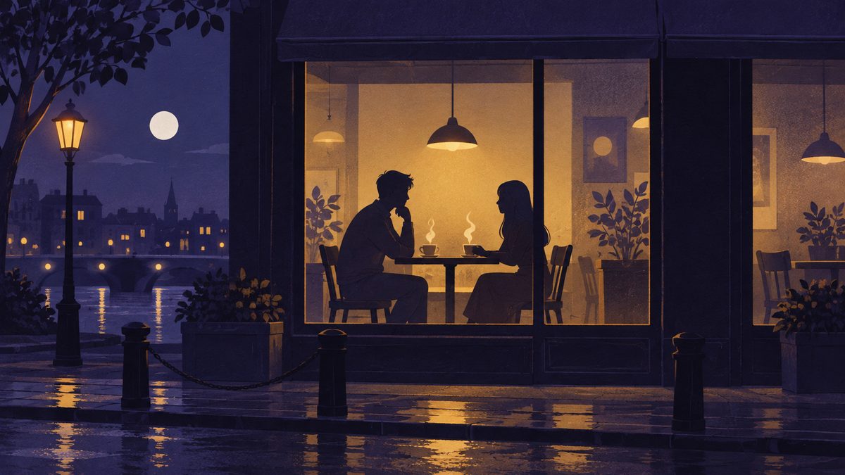 夜のカフェの窓ぎわの席に、男女が少し距離をあけて向かい合って座っている遠景