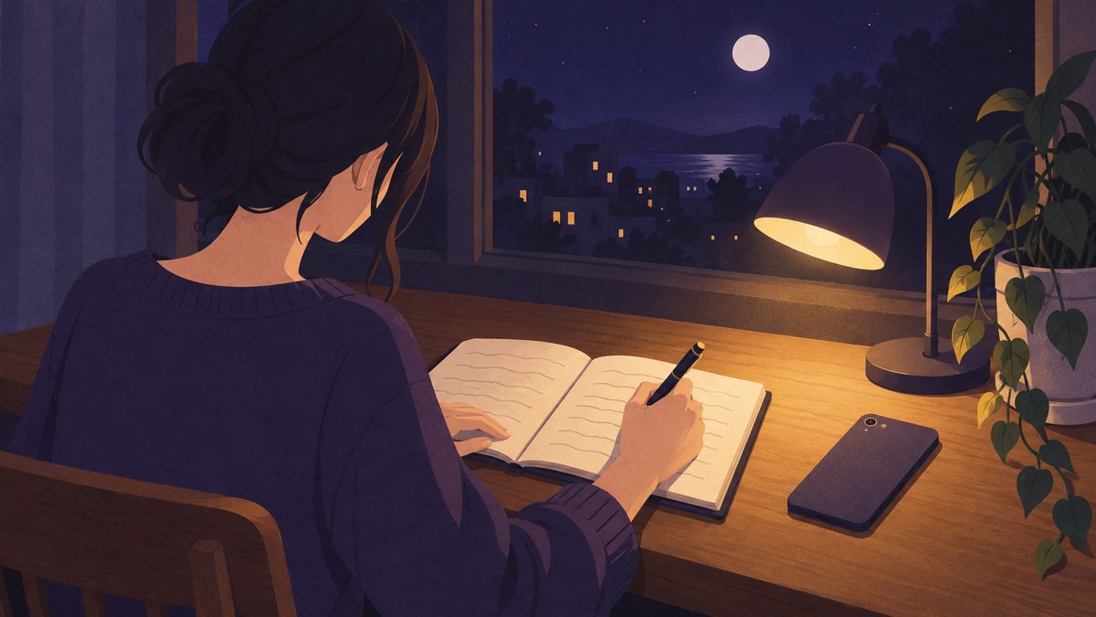 机の上で、女性の手がノートにペンでメモを書いている場面