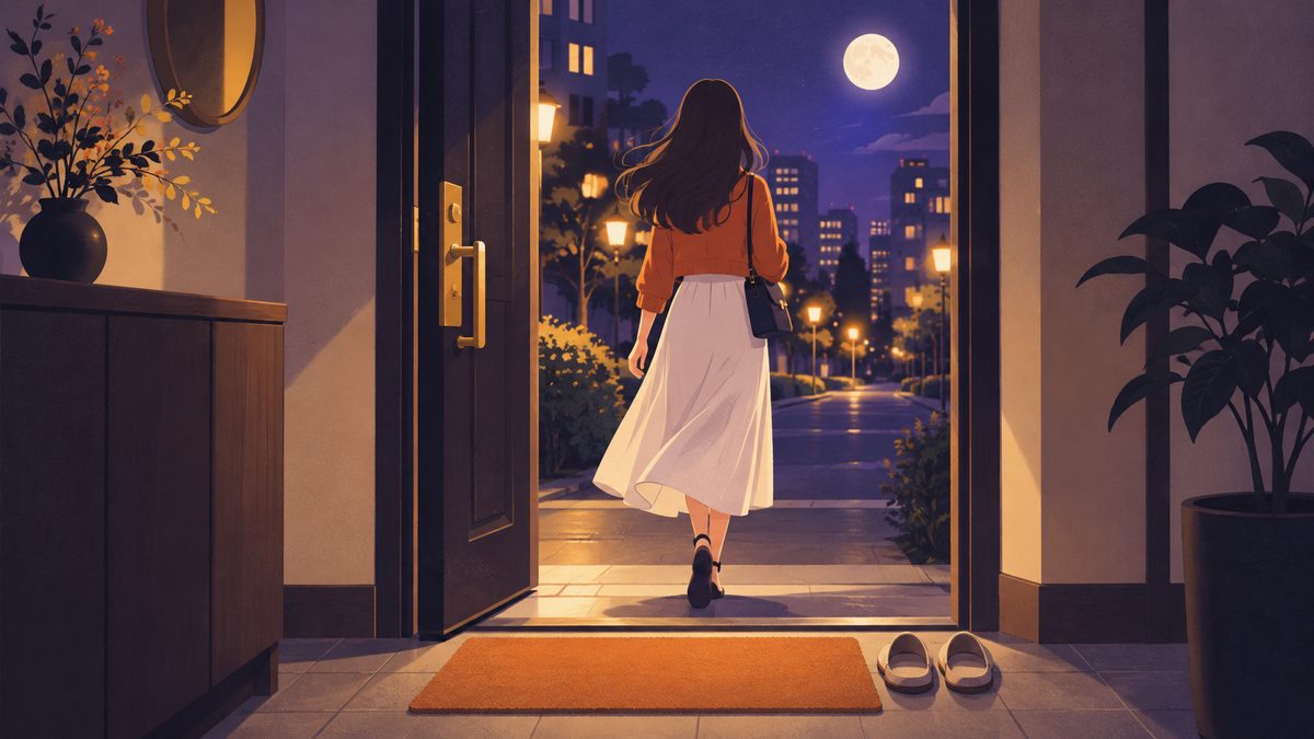 玄関のドアを開けて夜の街へ出かけていく女性の後ろ姿