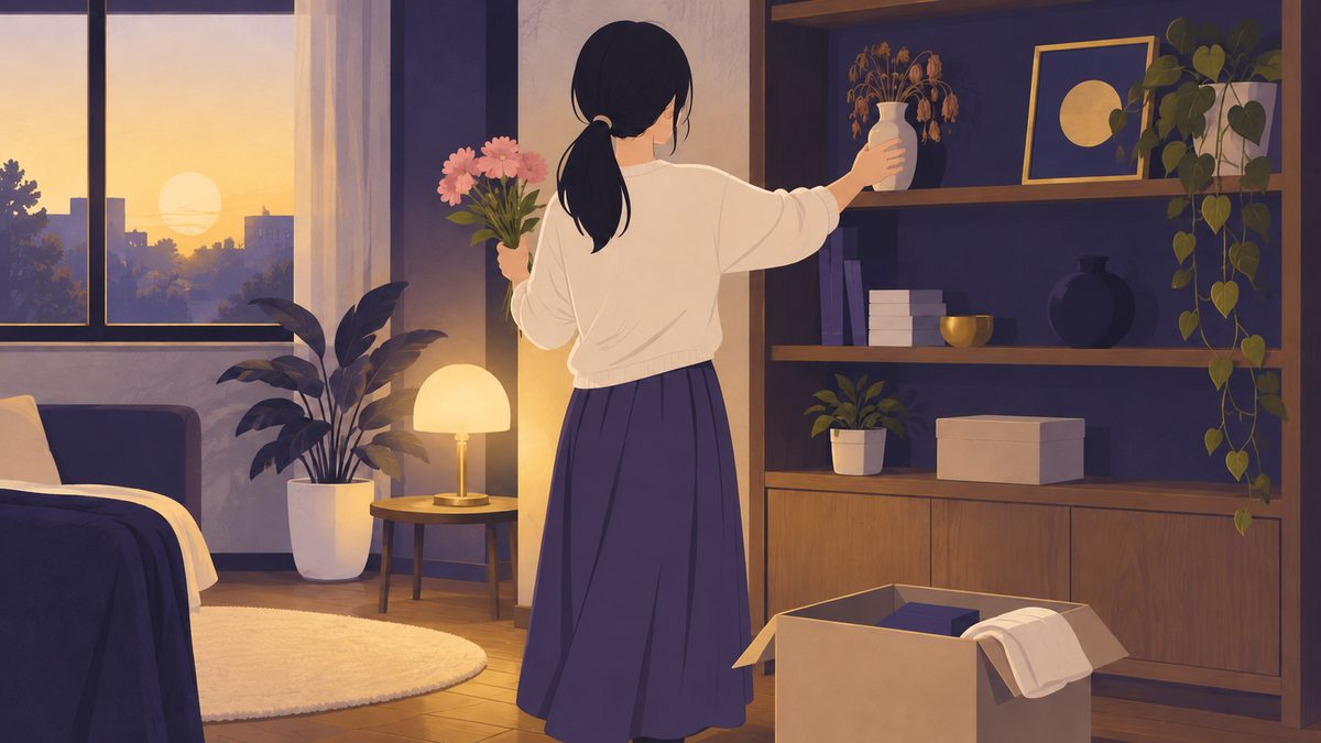 後ろ姿の女性が、枯れた花の入った花瓶を片づけ、新しい生花を手に持っている