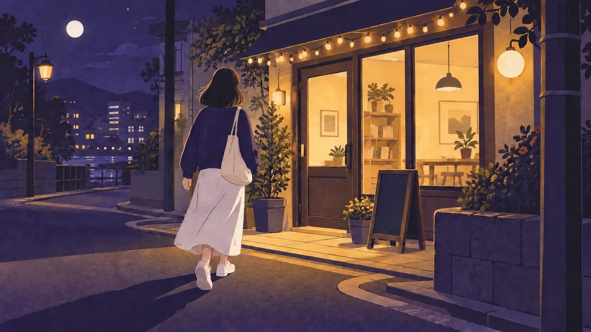 夜の街角で、スニーカーをはいた女性が明かりのついた小さな教室やお店のほうへ一歩ふみ出す足元と後ろ姿