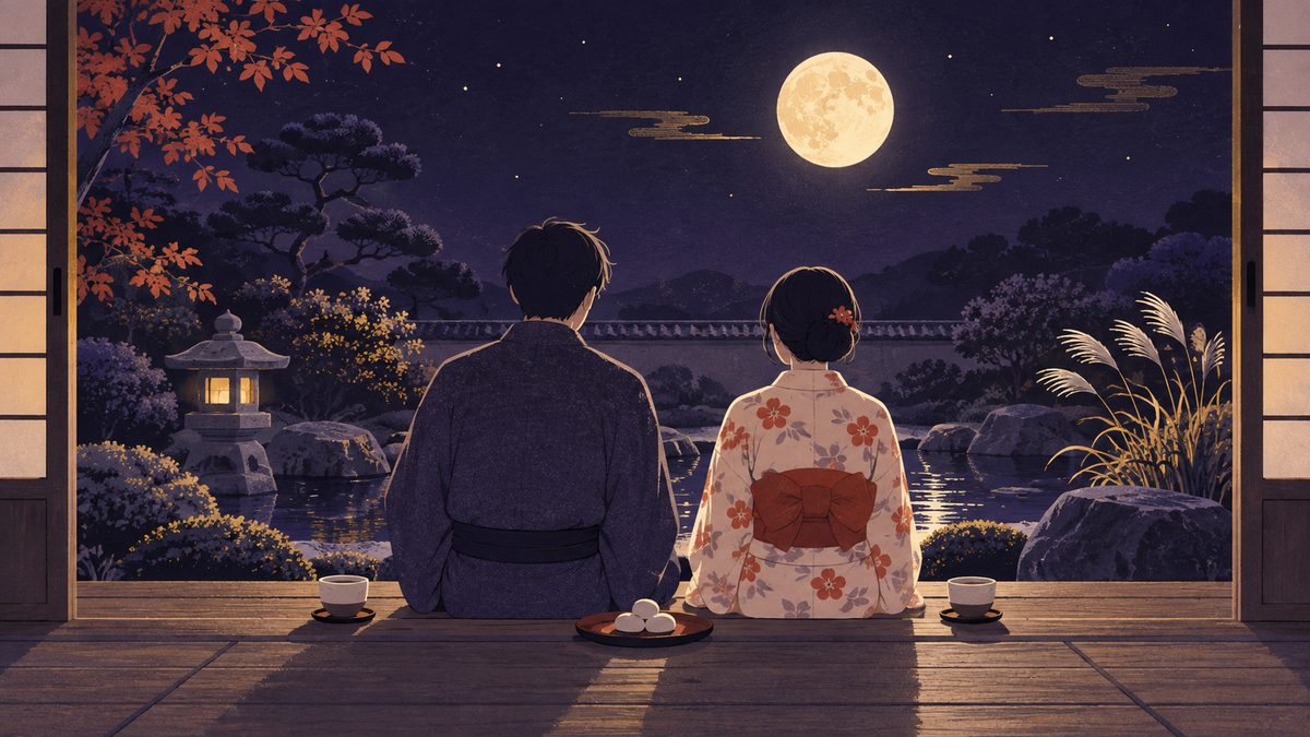 縁側に座って、家族らしい二人の背中が並んで月を見ている。そばにお茶とお団子