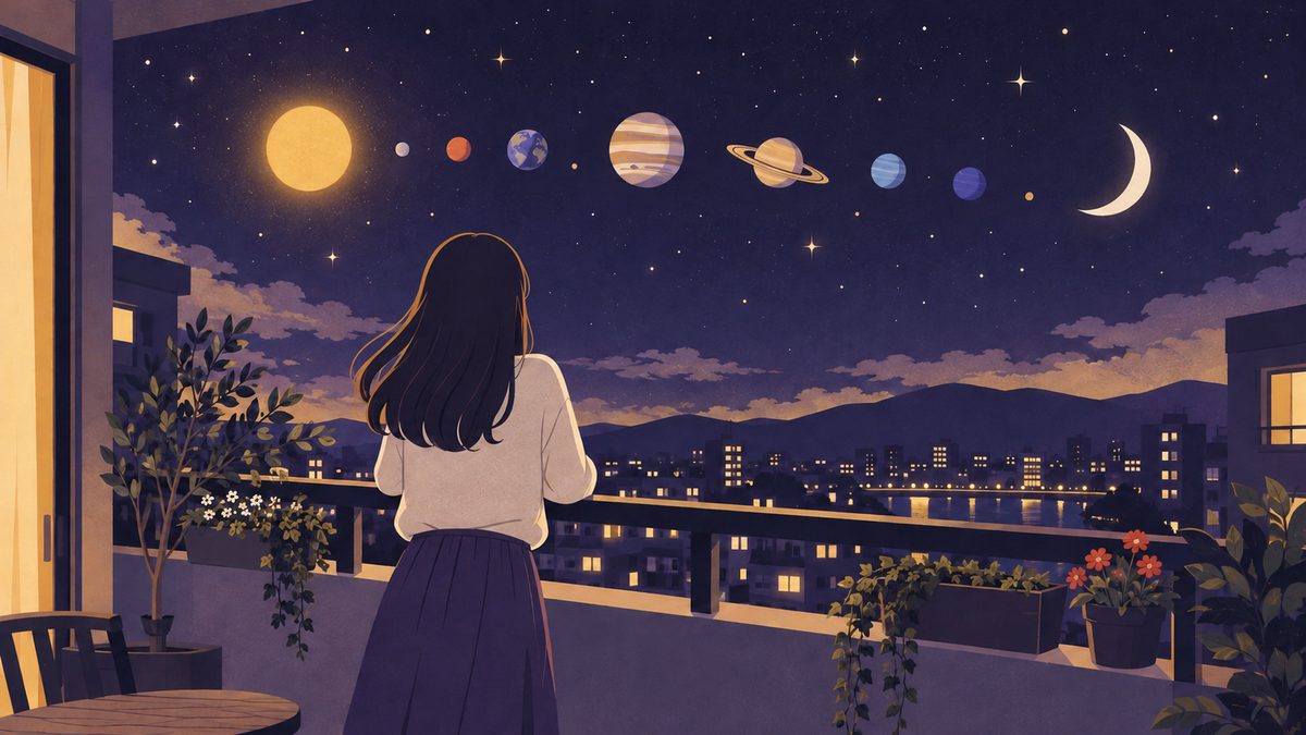 ベランダから夜空を見上げる女性の後ろ姿
