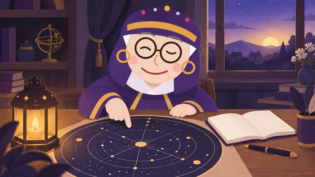 占いババアが机の上に広げた円形の星図を、指で示しながらやさしく説明している場面