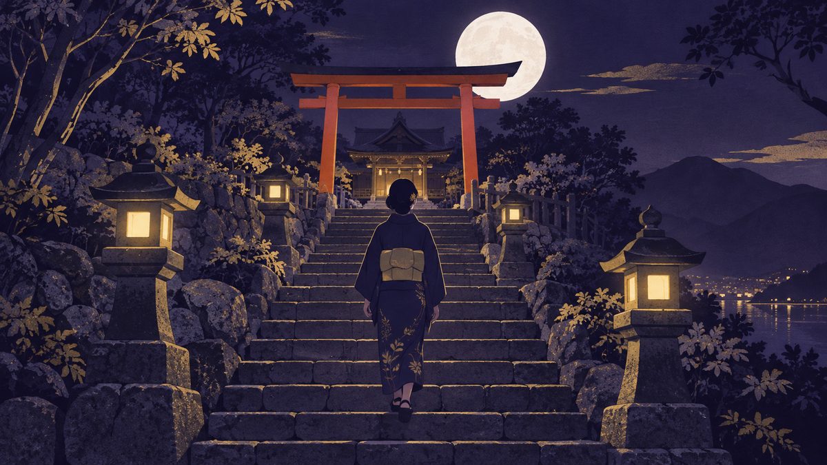 小さな神社の石段を、女性が一段ずつのぼっていく後ろ姿。朱色の鳥居の向こうに月が出ていて、石灯籠にやわらかい明かりがともっている