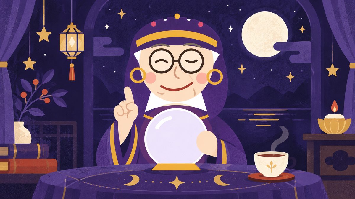 占いババアが人差し指を立てている。横にお茶